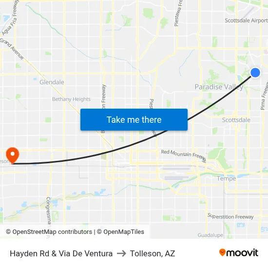 Hayden Rd & Via De Ventura to Tolleson, AZ map