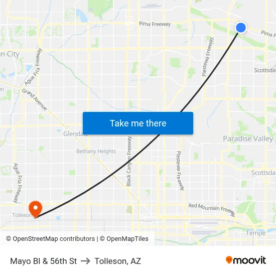 Mayo Bl & 56th St to Tolleson, AZ map