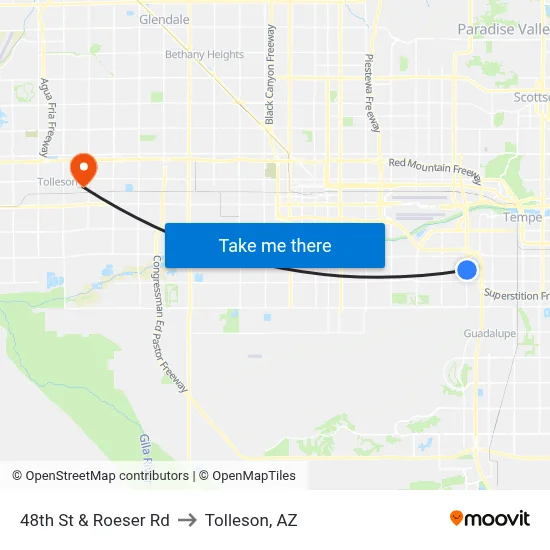 48th St & Roeser Rd to Tolleson, AZ map