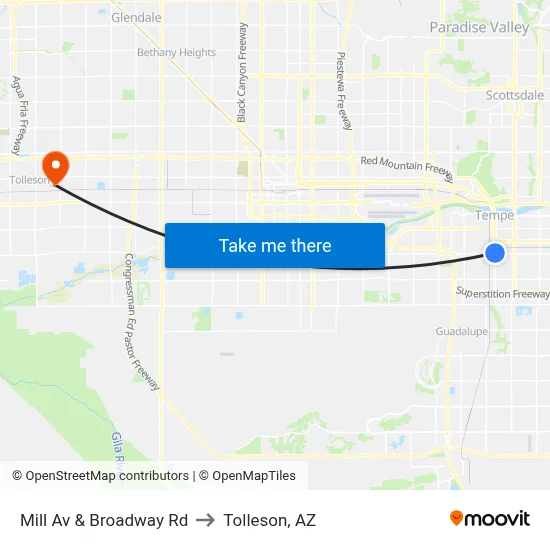 Mill Av & Broadway Rd to Tolleson, AZ map