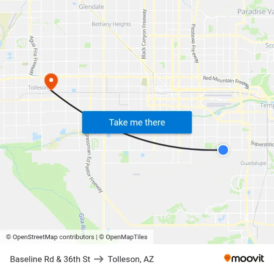 Baseline Rd & 36th St to Tolleson, AZ map