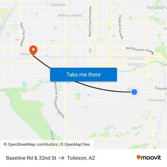 Baseline Rd & 32nd St to Tolleson, AZ map