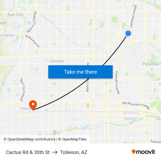 Cactus Rd & 30th St to Tolleson, AZ map