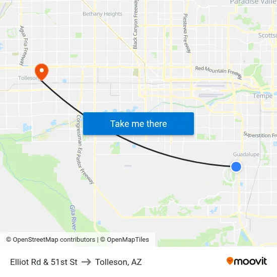 Elliot Rd & 51st St to Tolleson, AZ map