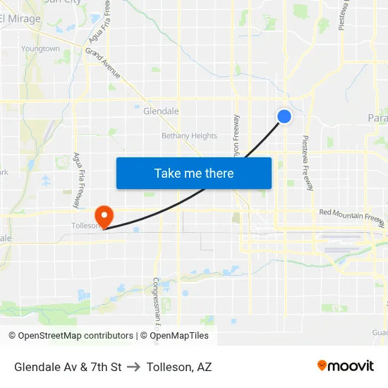Glendale Av & 7th St to Tolleson, AZ map