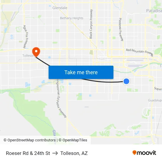 Roeser Rd & 24th St to Tolleson, AZ map