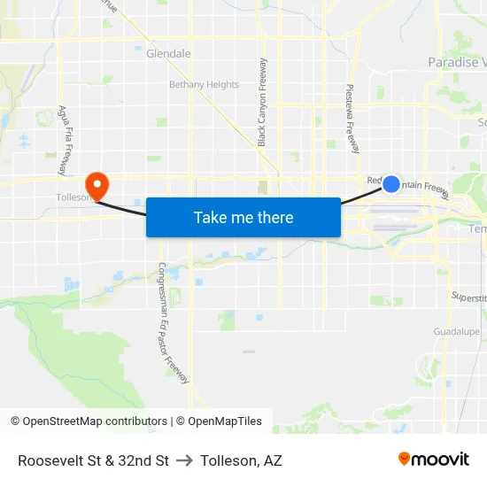 Roosevelt St & 32nd St to Tolleson, AZ map