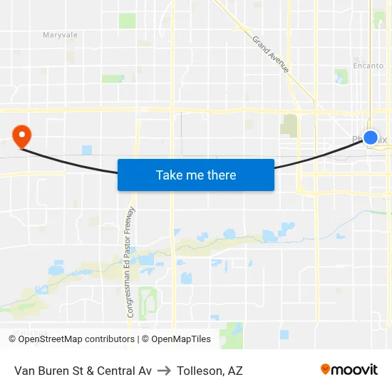 Van Buren St & Central Av to Tolleson, AZ map