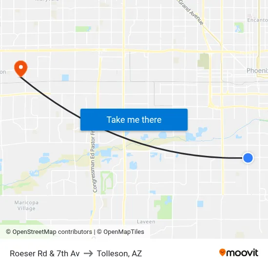 Roeser Rd & 7th Av to Tolleson, AZ map