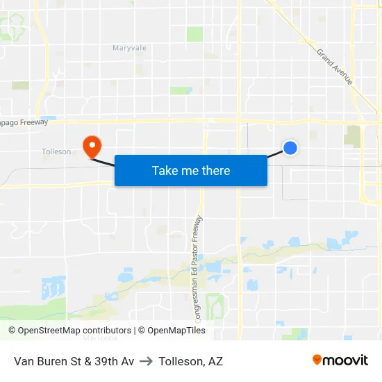 Van Buren St & 39th Av to Tolleson, AZ map