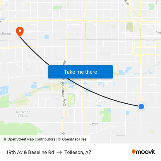 19th Av & Baseline Rd to Tolleson, AZ map
