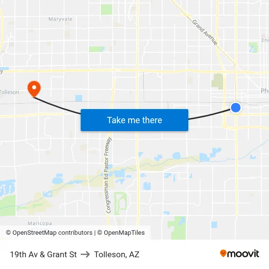 19th Av & Grant St to Tolleson, AZ map