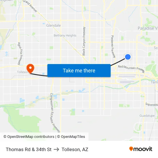 Thomas Rd & 34th St to Tolleson, AZ map