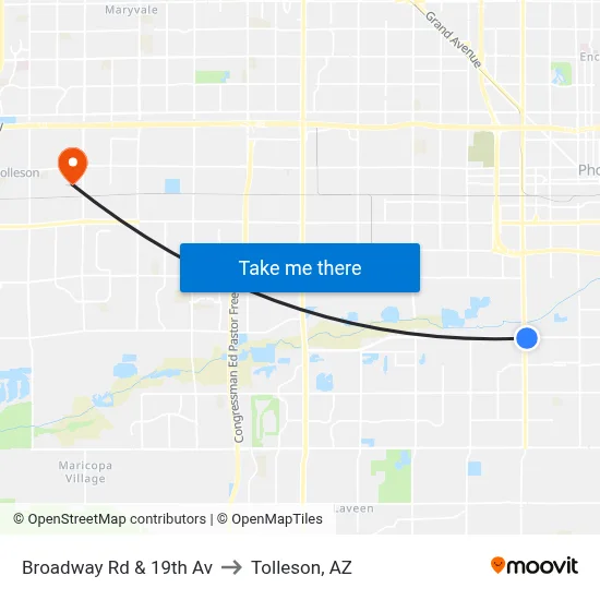 Broadway Rd & 19th Av to Tolleson, AZ map