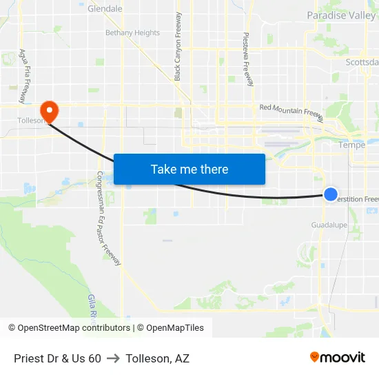 Priest Dr & Us 60 to Tolleson, AZ map