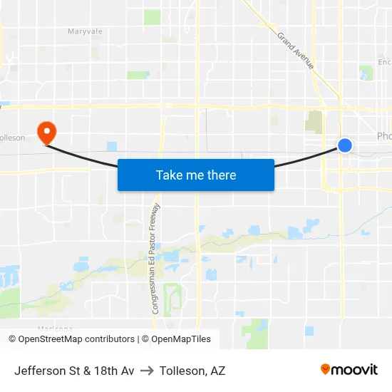 Jefferson St & 18th Av to Tolleson, AZ map