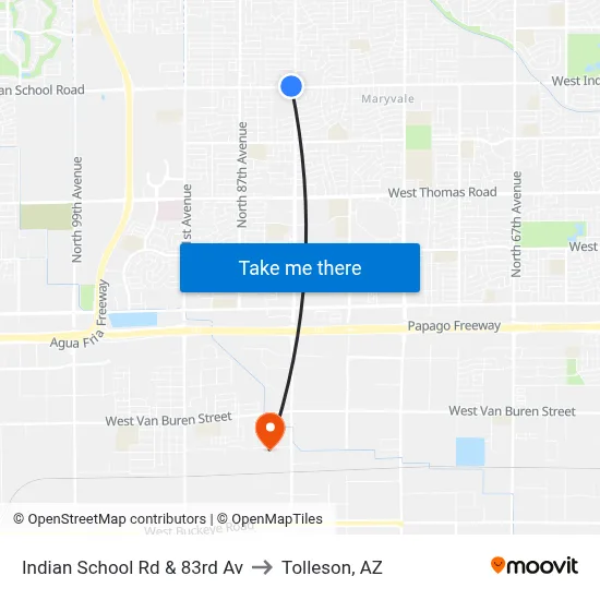 Indian School Rd & 83rd Av to Tolleson, AZ map