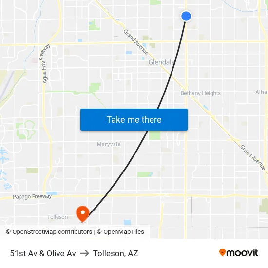 51st Av & Olive Av to Tolleson, AZ map