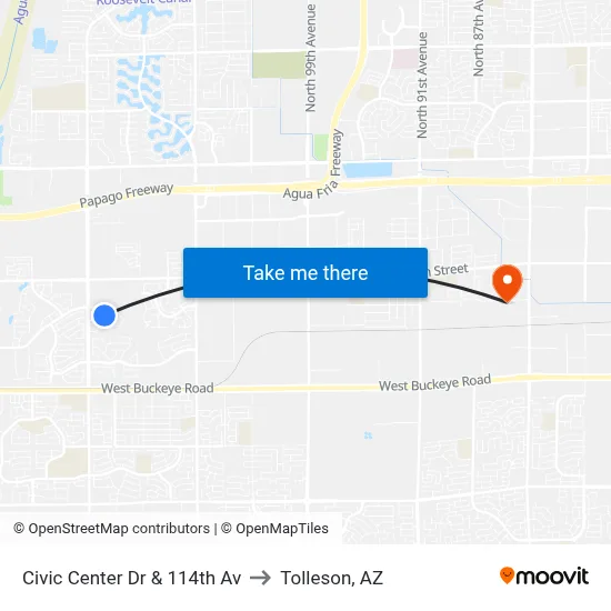 Civic Center Dr & 114th Av to Tolleson, AZ map