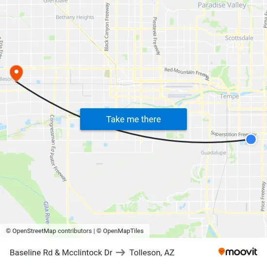 Baseline Rd & Mcclintock Dr to Tolleson, AZ map