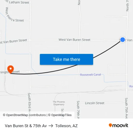 Van Buren St & 75th Av to Tolleson, AZ map