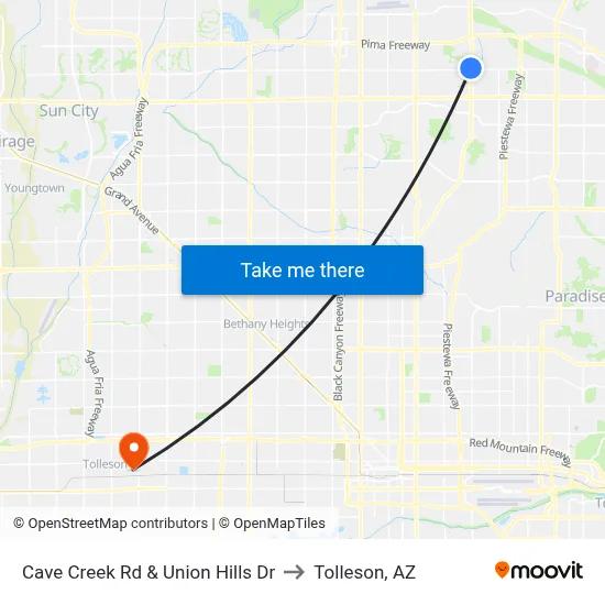 Cave Creek Rd & Union Hills Dr to Tolleson, AZ map