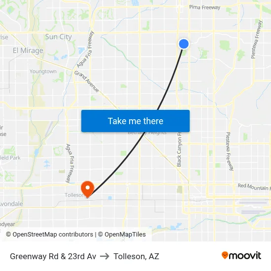 Greenway Rd & 23rd Av to Tolleson, AZ map