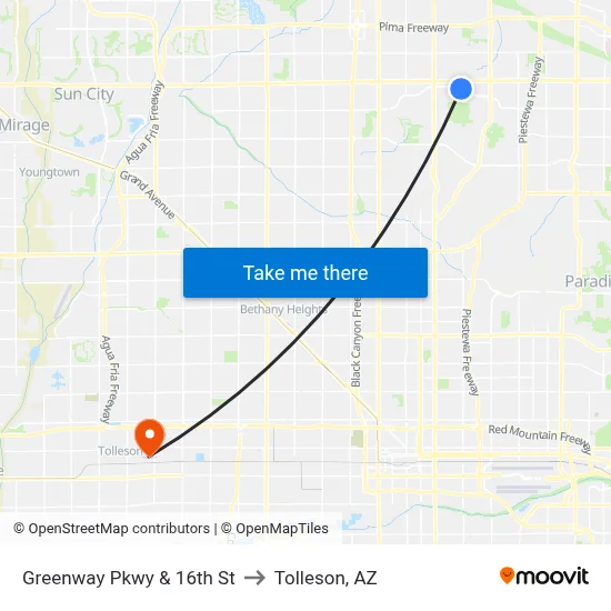 Greenway Pkwy & 16th St to Tolleson, AZ map