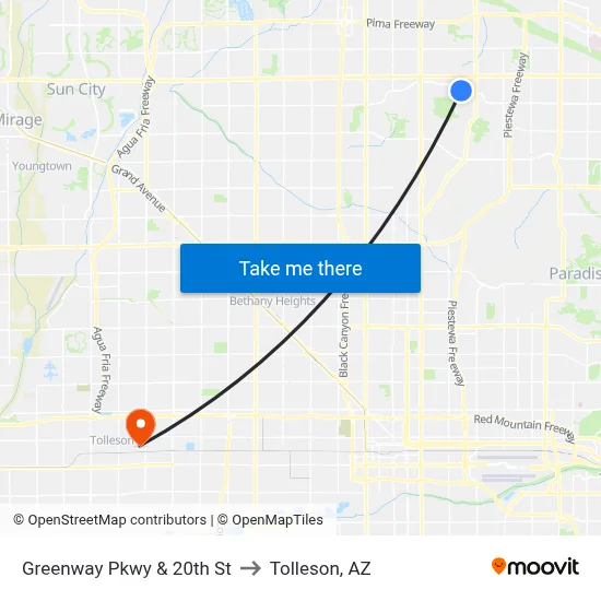 Greenway Pkwy & 20th St to Tolleson, AZ map