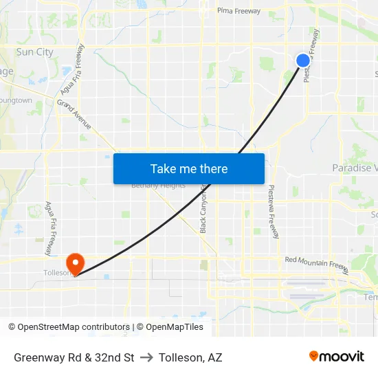 Greenway Rd & 32nd St to Tolleson, AZ map