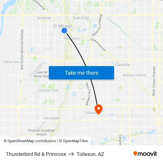 Thunderbird Rd & Primrose to Tolleson, AZ map