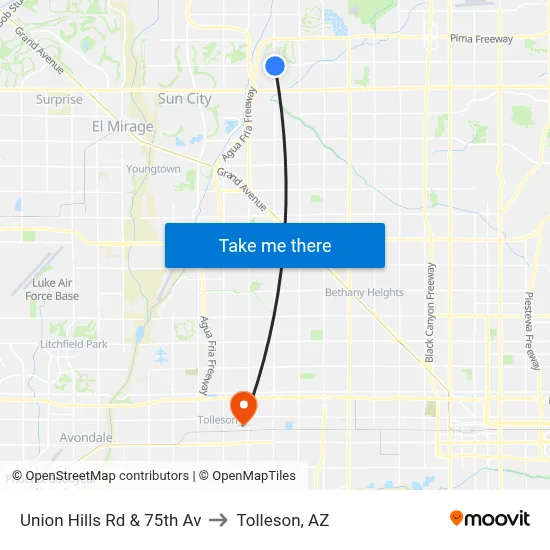Union Hills Rd & 75th Av to Tolleson, AZ map
