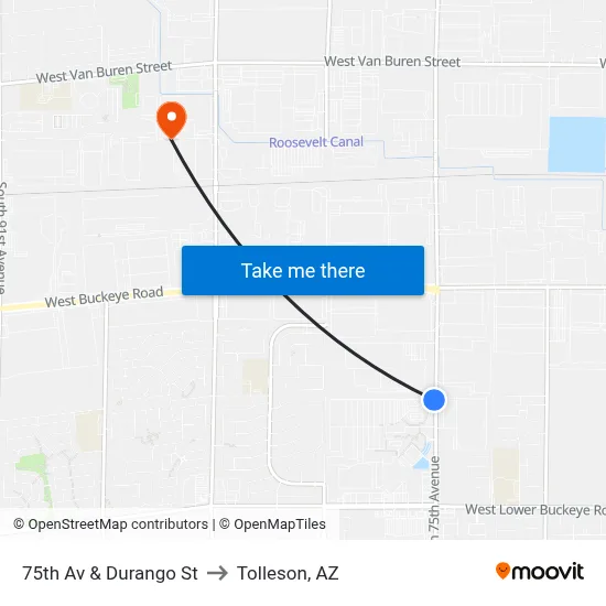 75th Av & Durango St to Tolleson, AZ map