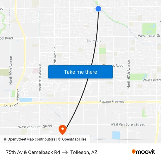 75th Av & Camelback Rd to Tolleson, AZ map