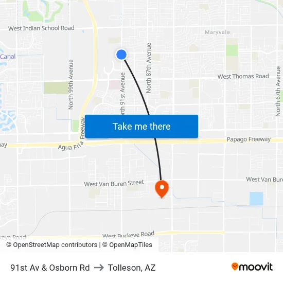 91st Av & Osborn Rd to Tolleson, AZ map