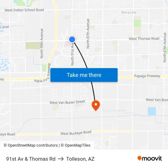 91st Av & Thomas Rd to Tolleson, AZ map