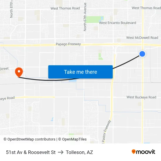 51st Av & Roosevelt St to Tolleson, AZ map