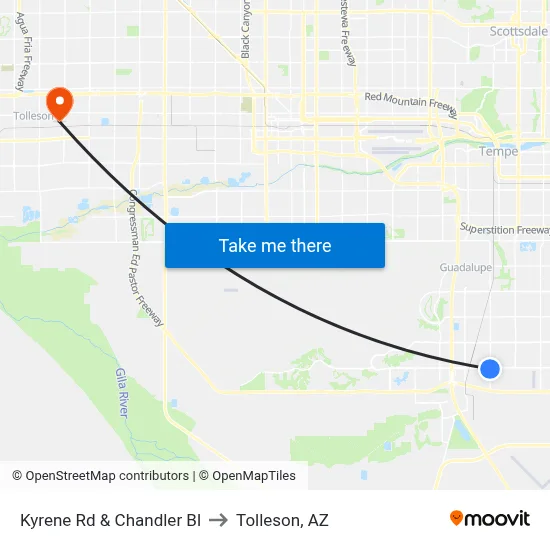 Kyrene Rd & Chandler Bl to Tolleson, AZ map
