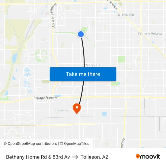 Bethany Home Rd & 83rd Av to Tolleson, AZ map