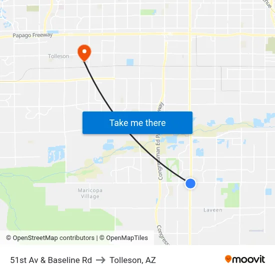 51st Av & Baseline Rd to Tolleson, AZ map