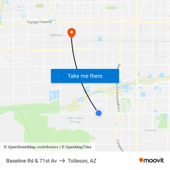 Baseline Rd & 71st Av to Tolleson, AZ map