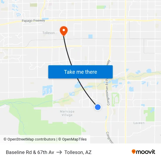 Baseline Rd & 67th Av to Tolleson, AZ map