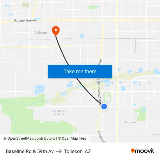 Baseline Rd & 59th Av to Tolleson, AZ map