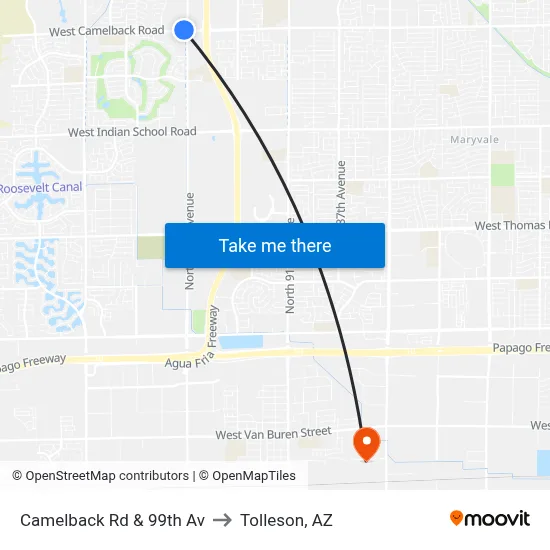 Camelback Rd & 99th Av to Tolleson, AZ map