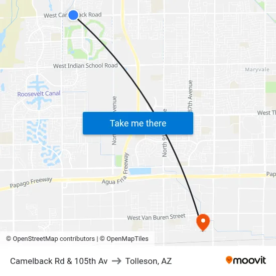 Camelback Rd & 105th Av to Tolleson, AZ map