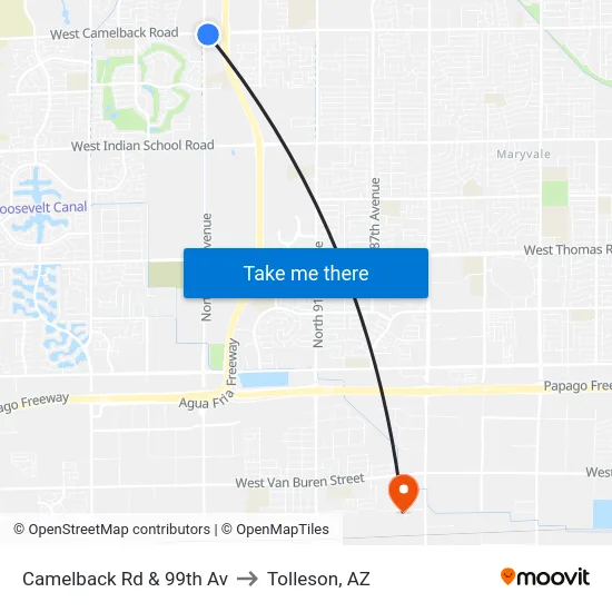 Camelback Rd & 99th Av to Tolleson, AZ map