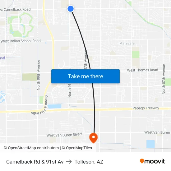 Camelback Rd & 91st Av to Tolleson, AZ map