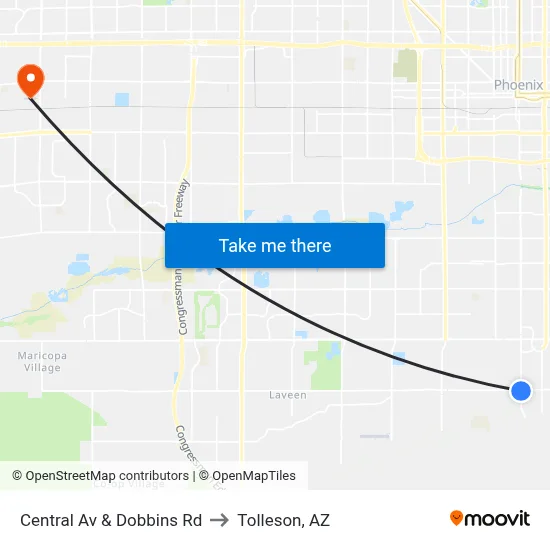 Central Av & Dobbins Rd to Tolleson, AZ map