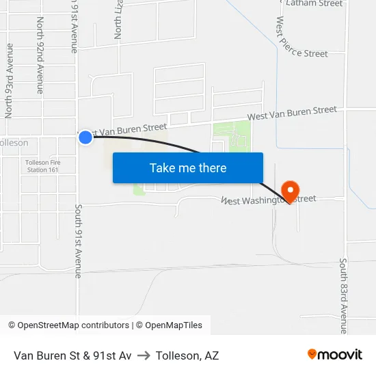 Van Buren St & 91st Av to Tolleson, AZ map