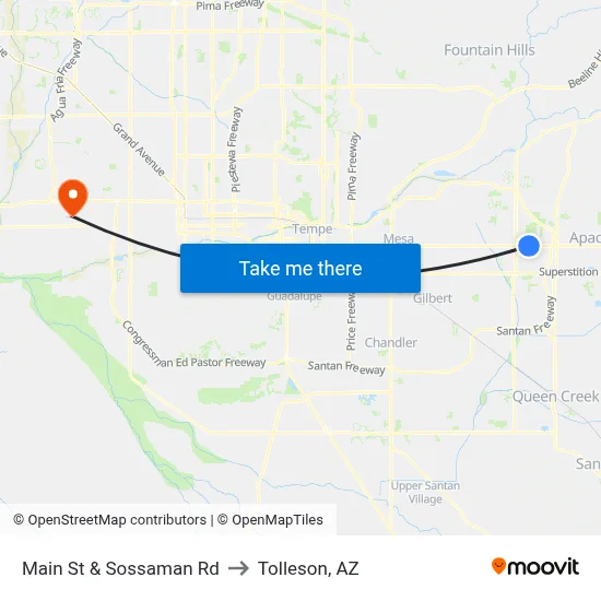 Main St & Sossaman Rd to Tolleson, AZ map